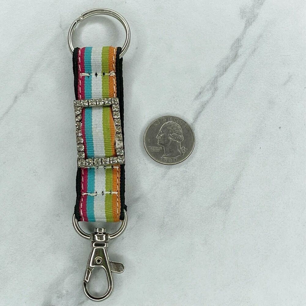 Rhinestone Buckle Striped Ribbon Keychain Keyring Key Fob